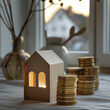Saving money for a dream house. Cardboard house model and stack of coins. Credit, debt, financial operations, house building, home repair, apartment renovation. Smart investment.  Real estate