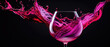 A clear glass filled with wine, capturing the moment when a splash of pink liquid is artistically mixed with the red wine.
