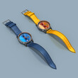 3d Stylische Armbanduhr für Mann und Frau mit blauen, gelben  Armband auf blauen Hintergrund, freigestellt.	