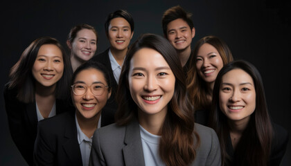 Wall Mural - A group of women are smiling for a photo. The woman in the center is wearing glasses and a suit,Young, diverse group shares happy, successful teamwork