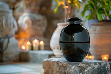 Wall Mural - a modern black urn for ashes on a stone altar in a temple with candle lighting. Funeral concept. Final resting place for a departed soul.