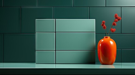 Bold orange vase with red blooms against teal ceramic tiles, modern interior design