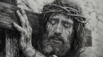 Wall Mural - Jesus carrying the cross along the Via Dolorosa in a detailed pencil drawing, emphasizing the weight and strain of the cross on his shoulders.