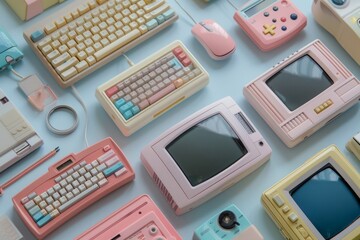 Assortment of Retro Electronics in Pastel Pink and Yellow Hues on Blue Background, Vintage Tech Collection