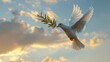 White dove with wings wide open in the air blue sky with clouds and sunshine and tree branch embellishment costume