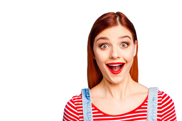 Sticker - Portrait of nice fool girlish red straight-haired happy young girl with opened mouth, isolated over blue background, copy space