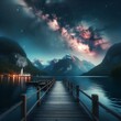  Beautiful view of the Milky Way from the pier on the lakeside of the mountains.