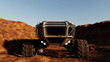 Remote controlled rover car navigates rough desert ground Mars against a backdrop of rocky hills and a dusky sky. 3d render