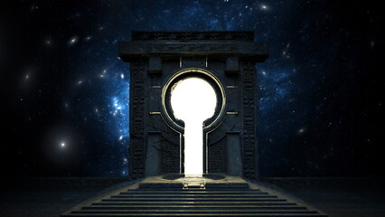 Wall Mural - ancient stone portal radiates a bright light against the cosmic backdrop of stars, gateway to anothe