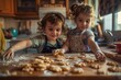 Two young girls are actively engaged in making cookies in the kitchen, surrounded by baking ingredients and utensils