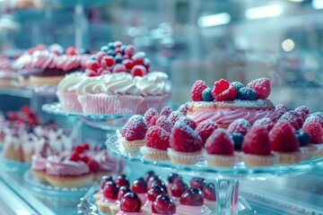 Wall Mural - A display case full of assorted cupcakes decorated with colorful frosting displayed in a bakery or candy store
