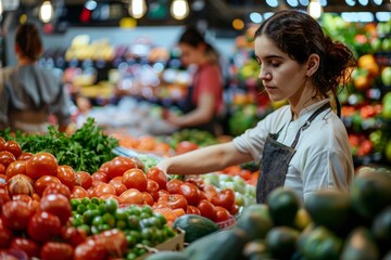 Wall Mural - A young saleswoman in an apron stands in front of a vibrant display of fresh fruits and vegetables at a supermarket