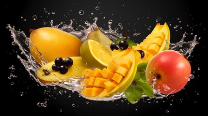 Wall Mural - Fruit splashing into water on a black background. 3d rendering