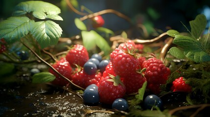 Wall Mural - Ripe blackberries and raspberries on a branch with leaves