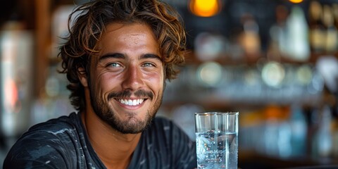 A cheerful bartender with a lovely smile enjoying refreshing water in a vibrant cafe.