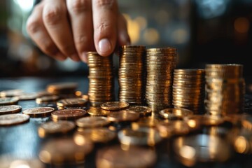 Wall Mural - A financial success, featuring a hand stacking coins against a backdrop of growth and economic concepts.