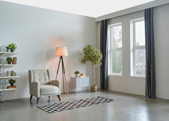 Wall Mural - Grey stone wall background and guillotine windows, sofa, pillow, lamp and green vase of plant, bookshelf, carpet interior decoration.