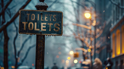 old vintage style toilet sign board with blur background 