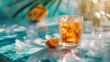 Refreshing iced tea with a slice of orange on a table, closeup shot Summertime beverage concept