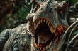 A roaring allosaurus in the jungle