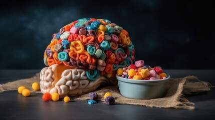 diabetes alert day, diabetes concept, Illustration of a brain made from sweet colorful candies and jellies,risk for obesity and diabetes,   unhealthy food and lifestyle, 