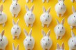 A large group of white rabbits standing in a row on a vibrant yellow background