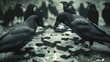 A murder of crows assembling a complex puzzle, each piece representing different components of a tech startup, illustrating teamwork and strategic problem solving.
