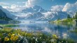 © Ruksanaporn - Majestic Alpine vista at sunrise, shimmering lakes, wildflowers, snow-peaked mountains, serene ambiance