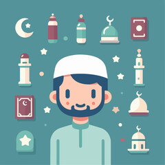 Wall Mural - illustration of Muslim cartoon character with Islamic icons