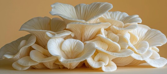 Wall Mural - Oyster mushroom pleurotus ostreatus on delicate pastel colored background, nature photography