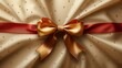 Red and gold bow tied to a satin cloth with a red ribbon on it, elegant and festive holiday decoration concept