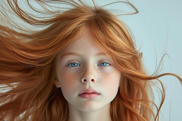 Wall Mural - Beautiful young girl with red hair and blue eyes looking into the camera with her hair blowing in the wind