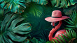 
flamingo dressed in a sun hat on a green background with copy space and monstera. funny summer holiday concept