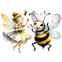 Wall Mural - Fairy with bumblebee watercolour clipart, Playful fairy and bee clipart