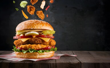 a big fresh crispy fried chicken burger sandwich with flying ingredients and spices hot ready to serve and eat food commercial advertisement menu banner with copy space area for ads and logo