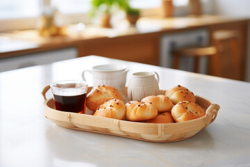 Tray of pastries and cup of coffee sit on counter