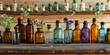 bottles in a row of cosmetic product with lavender essential oil