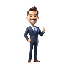 3D happy smiling businessman cartoon on transparent background. Man with thumb up