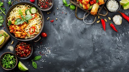 Wall Mural - A rustic slate surface Illustrating Chinese Cuisine, noodles, rice, spring rolls, herbs spices with copy space for text