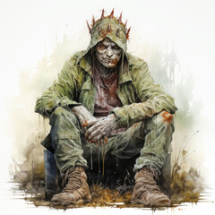 Wall Mural - Watercolor zombie king sitting, clipart Illustration, Generative Ai