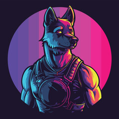 Neon Wolf: anthropomorphic club wolf in stylish attire against a vibrant purple backdrop. Circular graphic gay symbol in curves (vector)