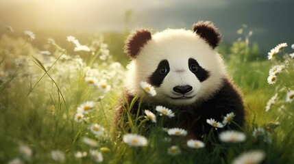 3d illustration of cute panda in the grass