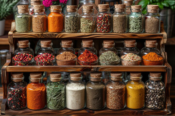 Wall Mural - A wooden spice rack meticulously organized with an assortment of piquant seasonings, exemplifying the art of culinary curation. Concept of well-arranged spice storage. Generative Ai.