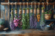 A rustic kitchen backdrop adorned with dangling bundles of drying herbs, illustrating the rustic charm of traditional seasoning. Concept of herb drying for culinary use. Generative Ai.