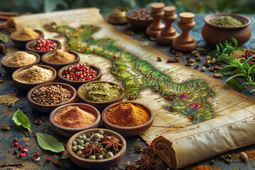 Poster - A spice trail map illustrating the geographical origins and trade routes of spices, telling the story of their global journey. Concept of spice trade history. Generative Ai.