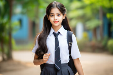 Wall Mural - Girl wearing school uniform and tie is walking down path