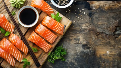 Wall Mural - Japanese Salmon Sushi with Wasabi, chopsticks, soy sauce on a rustic wooden food board with copy space