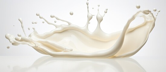 A splatter of milk on a white surface can be seen as a gesture of art, like a sculpture made with human leg, elbow, and foot. It resembles a tree in visual arts, with a touch of metal artwork