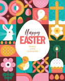 Fototapeta Dinusie - Happy Easter Banner Concept. Vector illustration in trendy flat geometric abstract style with Easter symbols: eggs, bunny, cross, Easter cake. Place for your text.