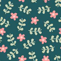 Wall Mural - cute hand drawn spring green and pink seamless vector pattern background illustration with daisy flowers and branch with leaves